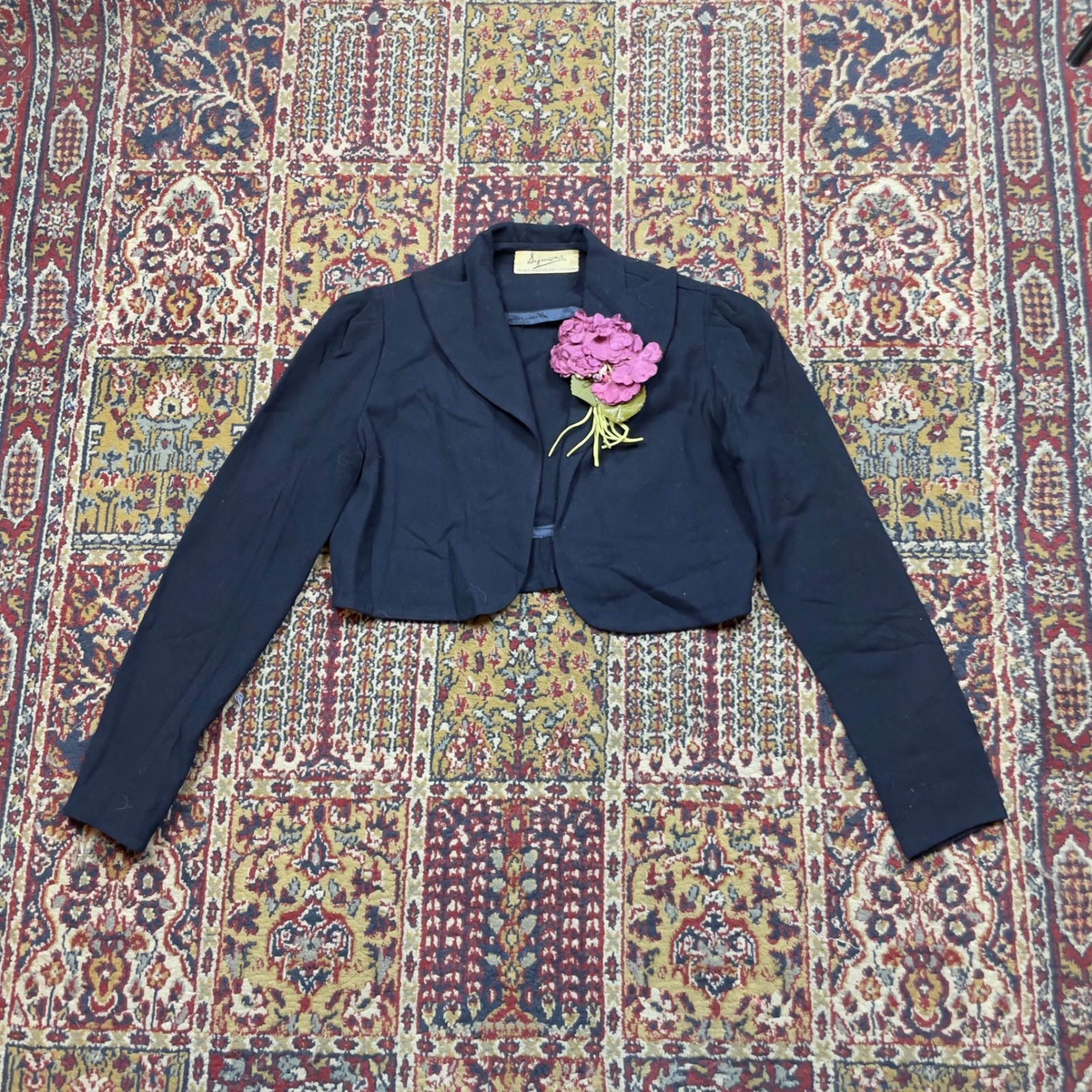 Vtg 40s Symons Navy Cropped Bolero Shorty Jacket Floral Corsage Applique S Usa